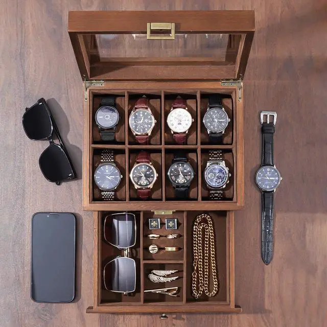 Alt view image 2 of 7 - Wooden Watch Case, 8 Slot Mens Watch Box with Drawer, 2-Layer Mens Jewelry Box Storage Holder Organizer Display Case, Fathers Day Gift, Anniversary Birthday Gifts for Men Women -8 Slot, Brown