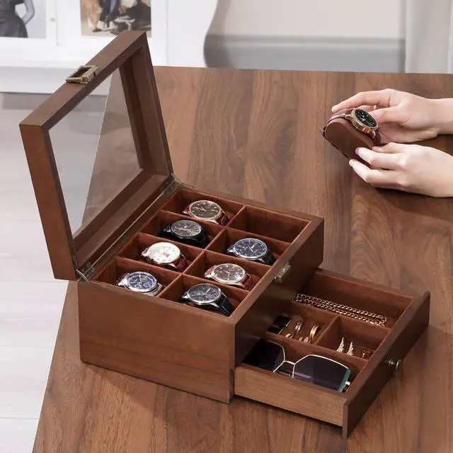 Alt view image 4 of 7 - Wooden Watch Case, 8 Slot Mens Watch Box with Drawer, 2-Layer Mens Jewelry Box Storage Holder Organizer Display Case, Fathers Day Gift, Anniversary Birthday Gifts for Men Women -8 Slot, Brown