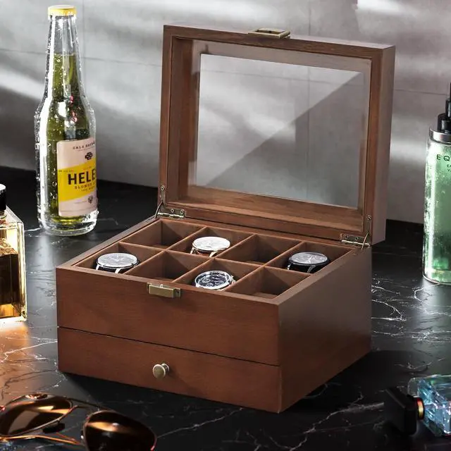 Alt view image 5 of 7 - Wooden Watch Case, 8 Slot Mens Watch Box with Drawer, 2-Layer Mens Jewelry Box Storage Holder Organizer Display Case, Fathers Day Gift, Anniversary Birthday Gifts for Men Women -8 Slot, Brown