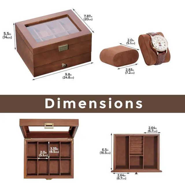 Alt view image 6 of 7 - Wooden Watch Case, 8 Slot Mens Watch Box with Drawer, 2-Layer Mens Jewelry Box Storage Holder Organizer Display Case, Fathers Day Gift, Anniversary Birthday Gifts for Men Women -8 Slot, Brown