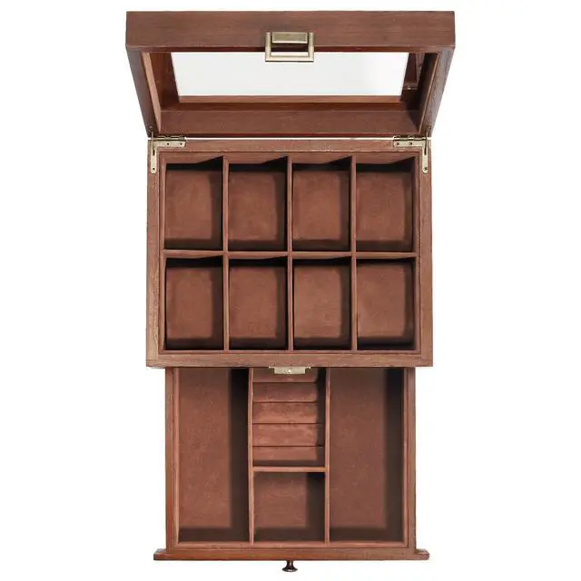 Alt view image 7 of 7 - Wooden Watch Case, 8 Slot Mens Watch Box with Drawer, 2-Layer Mens Jewelry Box Storage Holder Organizer Display Case, Fathers Day Gift, Anniversary Birthday Gifts for Men Women -8 Slot, Brown