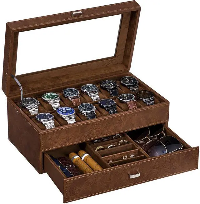 Main image of Watch Cases for Men, 12-Slot Watch Box with Large Glass Lid