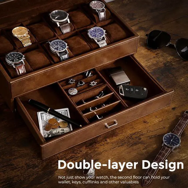 Alt view image 4 of 7 - Watch Cases for Men, 12-Slot Watch Box with Large Glass Lid