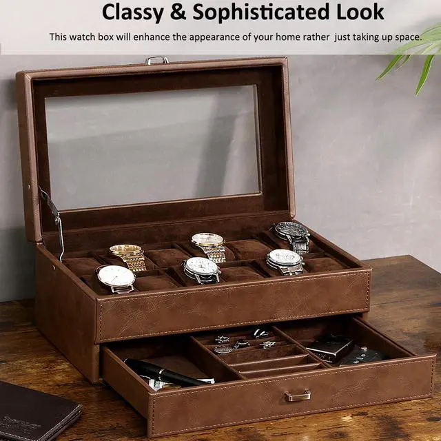 Alt view image 5 of 7 - Watch Cases for Men, 12-Slot Watch Box with Large Glass Lid