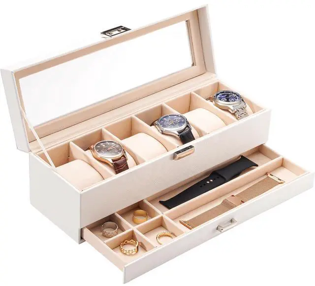 Main image of Watch Box, 6 Slot Watch Display Case with Drawer -White