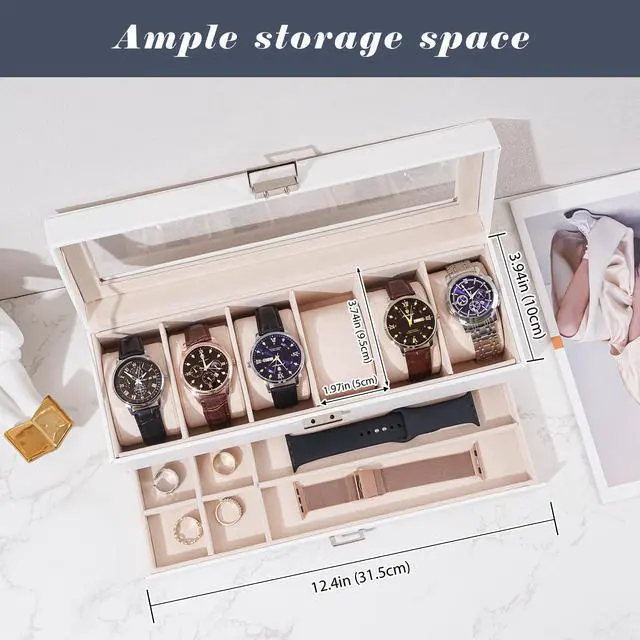Alt view image 2 of 7 - Watch Box, 6 Slot Watch Display Case with Drawer -White