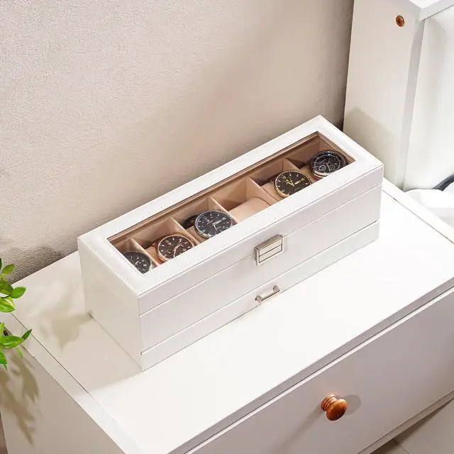 Alt view image 3 of 7 - Watch Box, 6 Slot Watch Display Case with Drawer -White