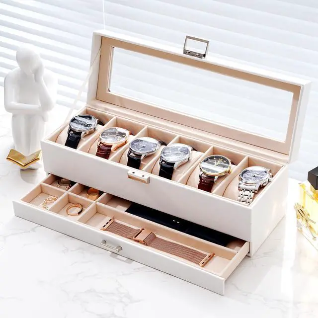 Alt view image 4 of 7 - Watch Box, 6 Slot Watch Display Case with Drawer -White