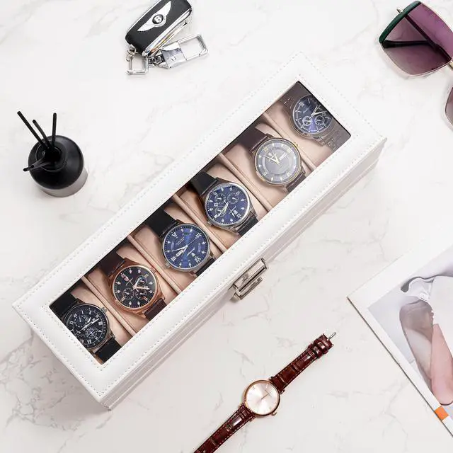 Alt view image 6 of 7 - Watch Box, 6 Slot Watch Display Case with Drawer -White