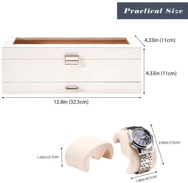 Alt view image 7 of 7 - Watch Box, 6 Slot Watch Display Case with Drawer -White