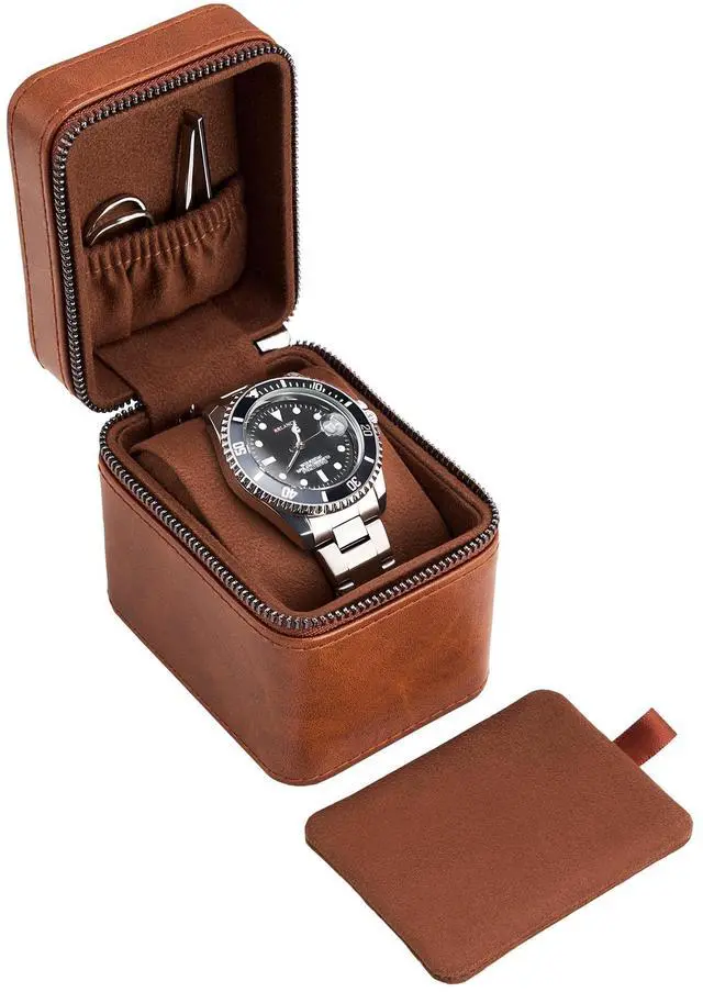 Main image of Single Watch Travel Case for Men, Portable Watch Holder -Brown