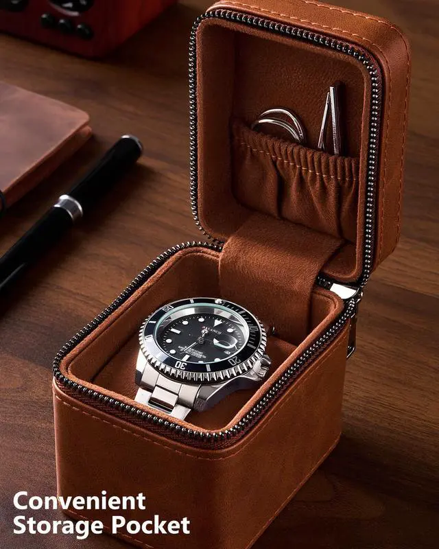 Alt view image 2 of 7 - Single Watch Travel Case for Men, Portable Watch Holder -Brown