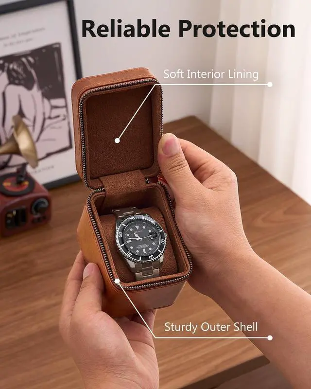 Alt view image 3 of 7 - Single Watch Travel Case for Men, Portable Watch Holder -Brown