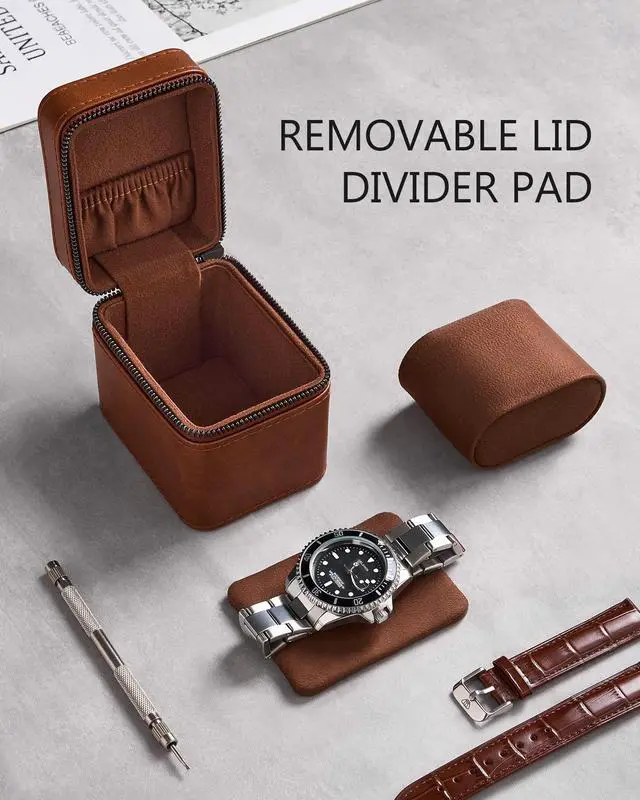 Alt view image 4 of 7 - Single Watch Travel Case for Men, Portable Watch Holder -Brown