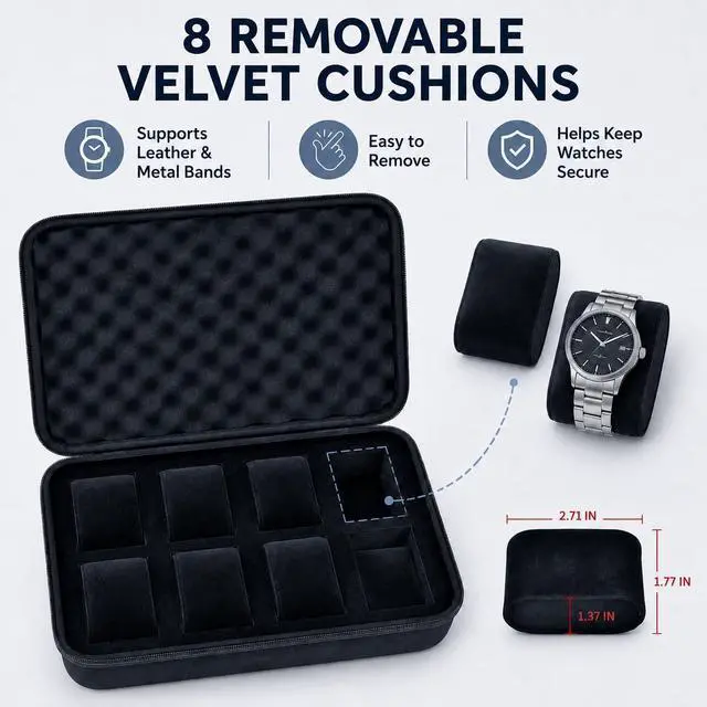 Alt view image 5 of 7 - 8 Slot Travel Watch Case for Men Woman, Hard Shell Watch Organizer