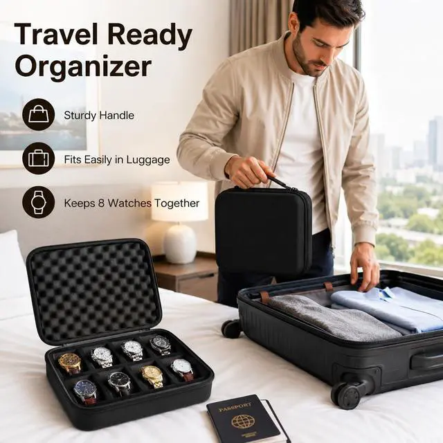 Alt view image 7 of 7 - 8 Slot Travel Watch Case for Men Woman, Hard Shell Watch Organizer