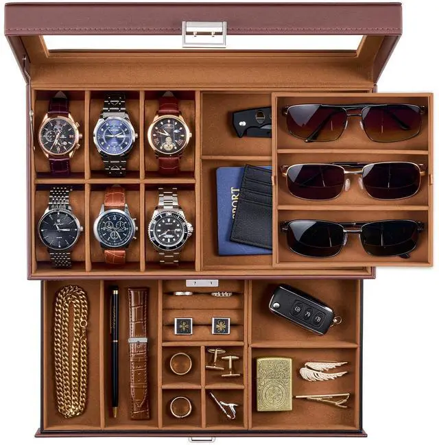 Main image of Mens Jewelry Box, 6 Slot Watch Box & 3 Slot Sunglass Holder -Brown
