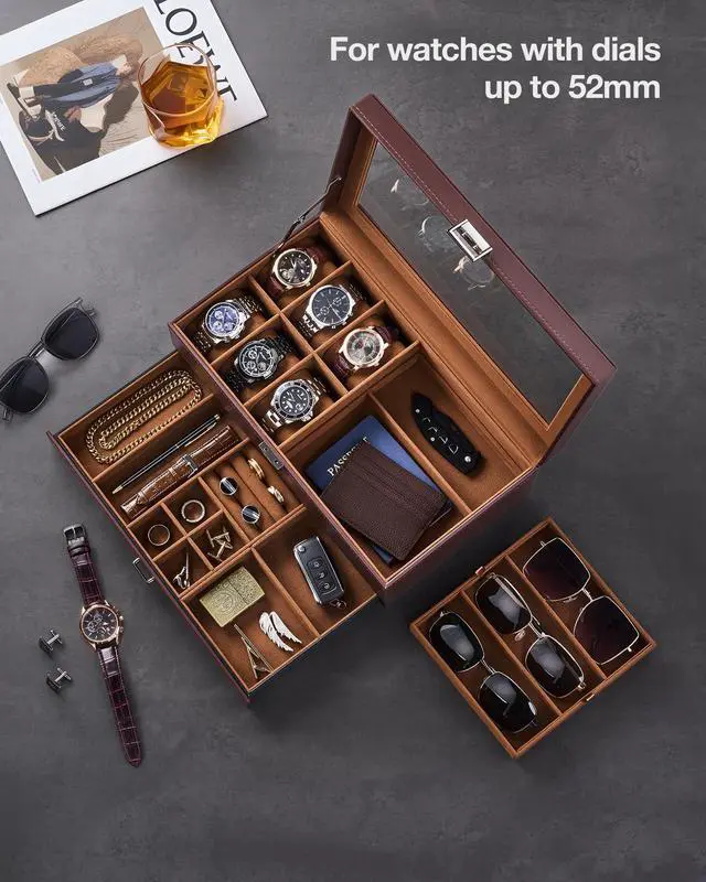 Alt view image 2 of 7 - Mens Jewelry Box, 6 Slot Watch Box & 3 Slot Sunglass Holder -Brown