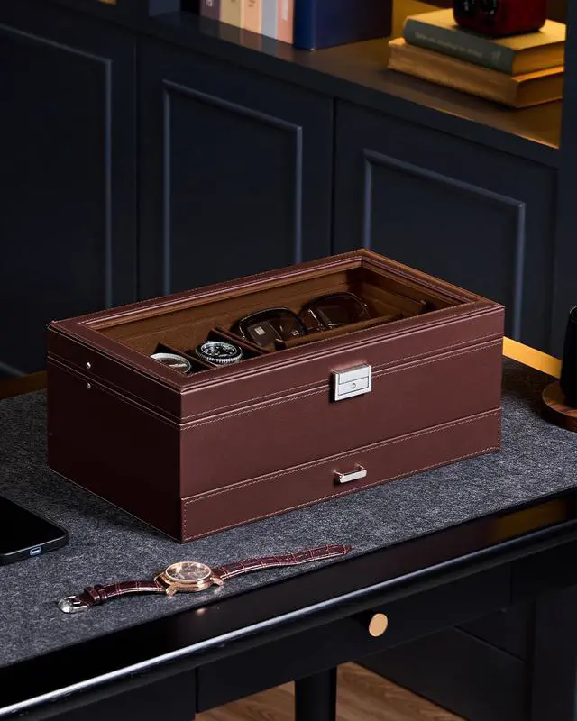 Alt view image 4 of 7 - Mens Jewelry Box, 6 Slot Watch Box & 3 Slot Sunglass Holder -Brown