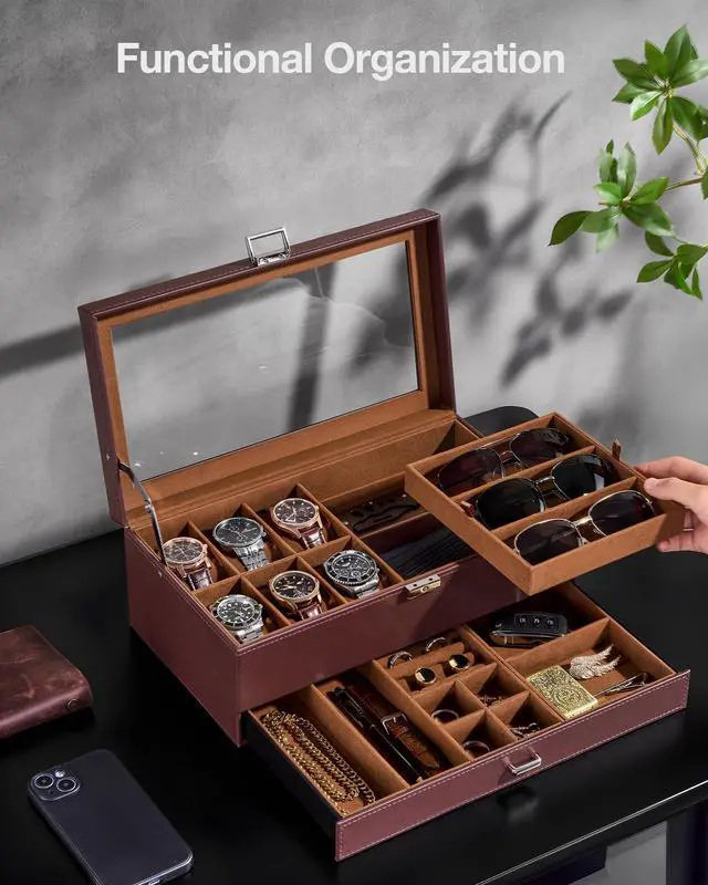 Alt view image 3 of 7 - Mens Jewelry Box, 6 Slot Watch Box & 3 Slot Sunglass Holder -Brown