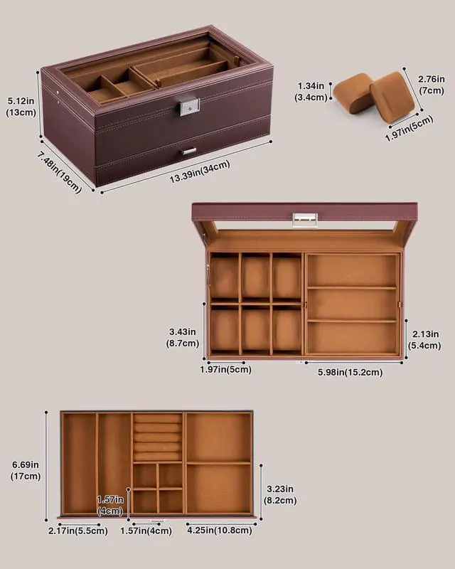 Alt view image 6 of 7 - Mens Jewelry Box, 6 Slot Watch Box & 3 Slot Sunglass Holder -Brown
