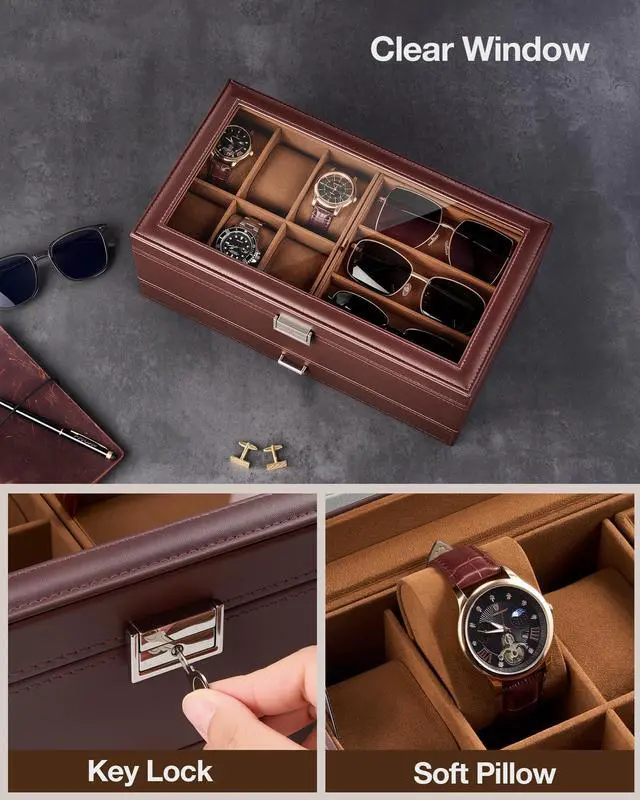 Alt view image 5 of 7 - Mens Jewelry Box, 6 Slot Watch Box & 3 Slot Sunglass Holder -Brown