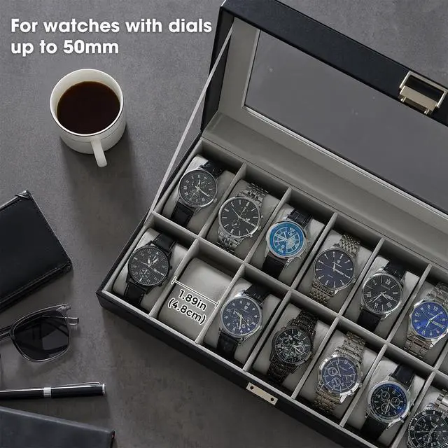 Alt view image 2 of 7 - Watch Case for Men, 14 Slot Mens Watch Box Holder Organizer with Glass Lid, Watch Display Case, Fathers Day Gift for Dad Husband, Birthday Valentine Gifts for Men Women -14 Slot, Black
