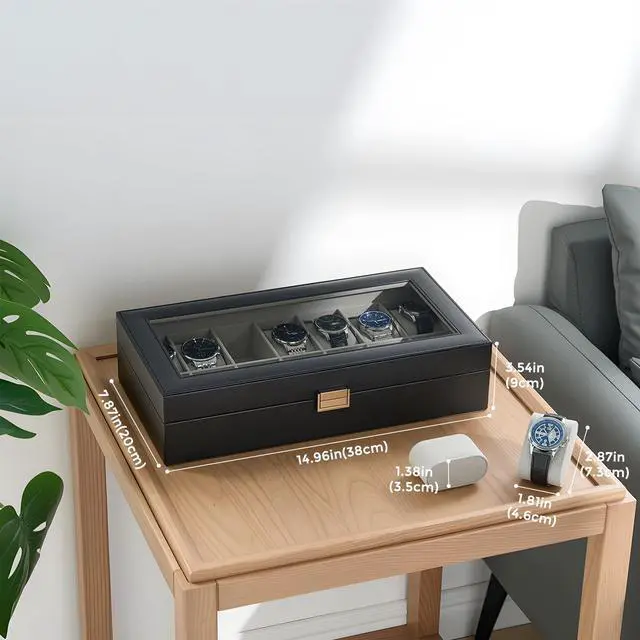 Alt view image 3 of 7 - Watch Case for Men, 14 Slot Mens Watch Box Holder Organizer with Glass Lid, Watch Display Case, Fathers Day Gift for Dad Husband, Birthday Valentine Gifts for Men Women -14 Slot, Black