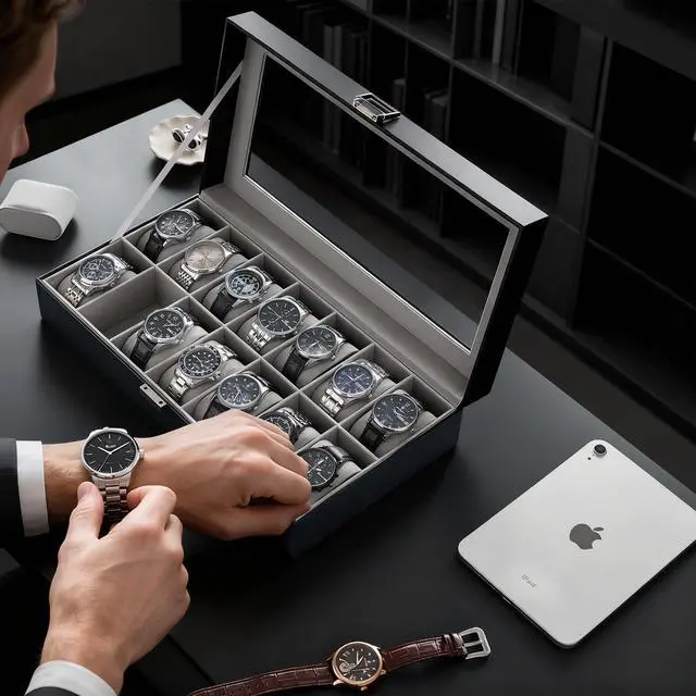 Alt view image 4 of 7 - Watch Case for Men, 14 Slot Mens Watch Box Holder Organizer with Glass Lid, Watch Display Case, Fathers Day Gift for Dad Husband, Birthday Valentine Gifts for Men Women -14 Slot, Black