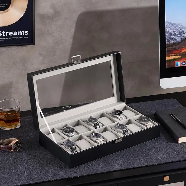 Alt view image 5 of 7 - Watch Case for Men, 14 Slot Mens Watch Box Holder Organizer with Glass Lid, Watch Display Case, Fathers Day Gift for Dad Husband, Birthday Valentine Gifts for Men Women -14 Slot, Black