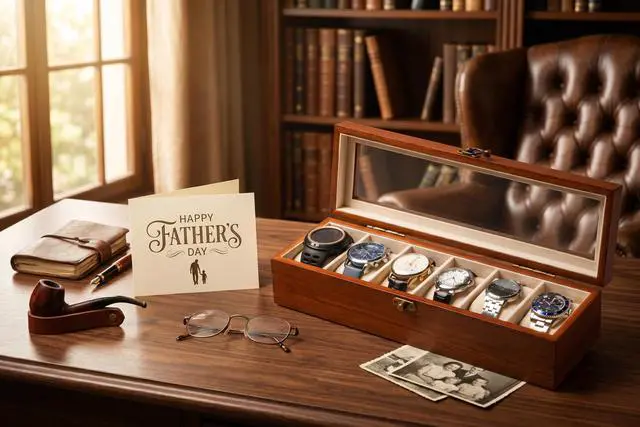 Alt view image 2 of 7 - Watch Box, Watch Case for Men Women with Large Glass Lid, Wooden Watch Display Storage Box with 6 - Slots, Classic Walnut Mens Watch Box Organizer