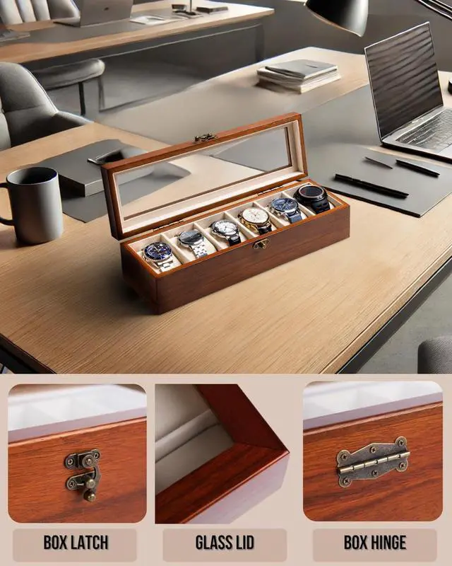 Alt view image 3 of 7 - Watch Box, Watch Case for Men Women with Large Glass Lid, Wooden Watch Display Storage Box with 6 - Slots, Classic Walnut Mens Watch Box Organizer