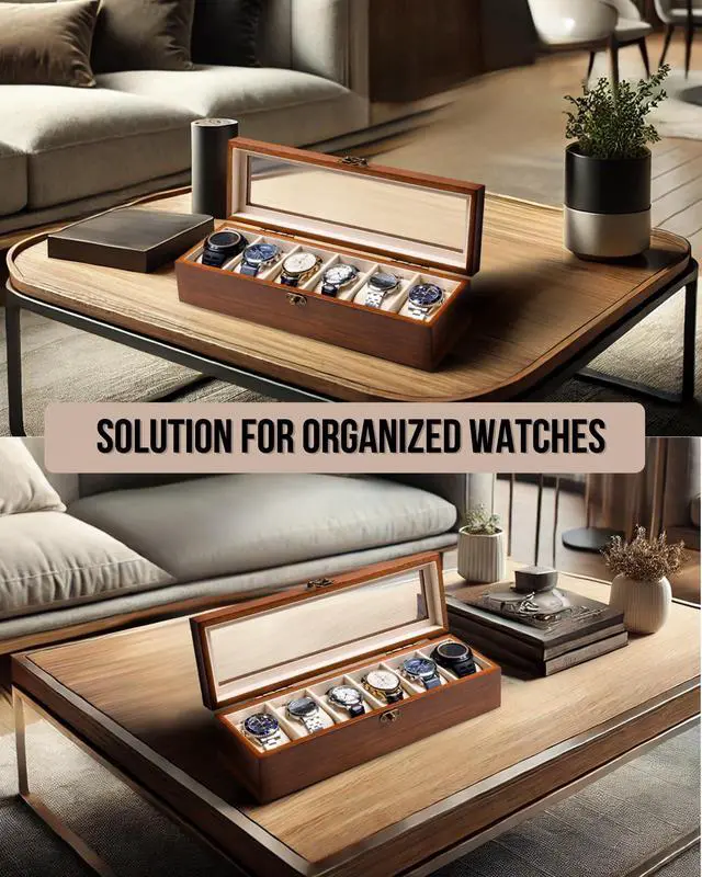 Alt view image 4 of 7 - Watch Box, Watch Case for Men Women with Large Glass Lid, Wooden Watch Display Storage Box with 6 - Slots, Classic Walnut Mens Watch Box Organizer