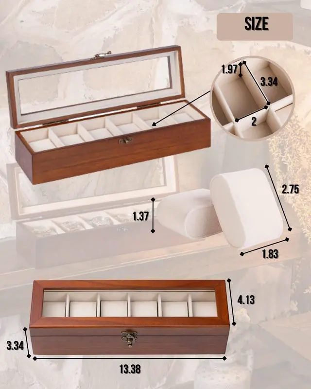 Alt view image 6 of 7 - Watch Box, Watch Case for Men Women with Large Glass Lid, Wooden Watch Display Storage Box with 6 - Slots, Classic Walnut Mens Watch Box Organizer