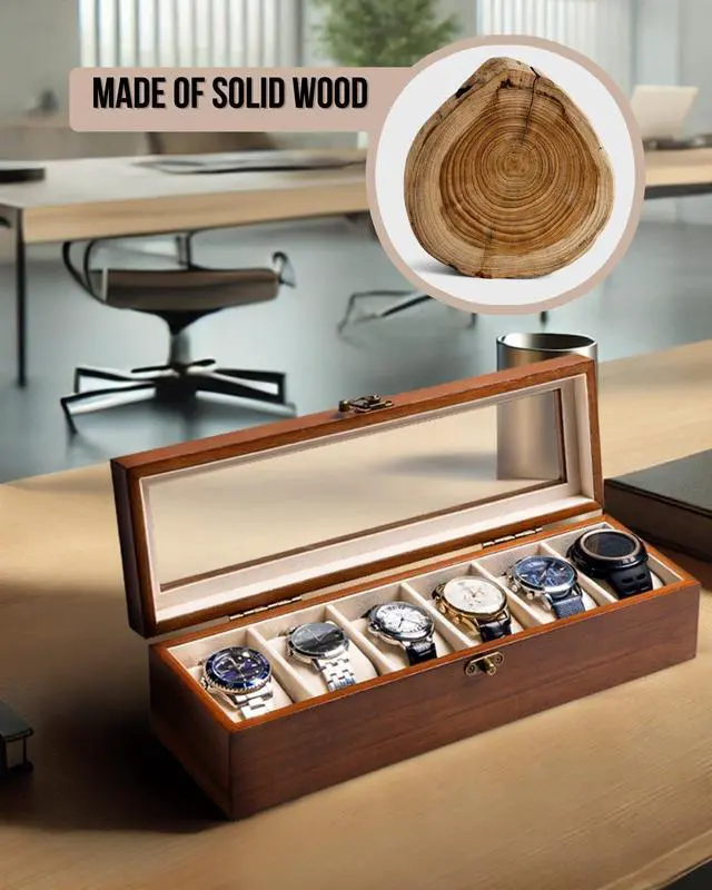 Alt view image 7 of 7 - Watch Box, Watch Case for Men Women with Large Glass Lid, Wooden Watch Display Storage Box with 6 - Slots, Classic Walnut Mens Watch Box Organizer