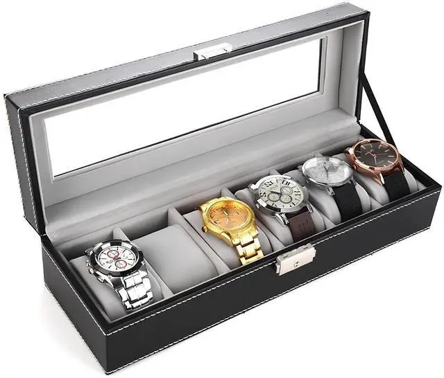 Main image of Watch Box for Men,Organizer 6 Slot Watch Display Case,Men Jewelry Box Storage Case,Lined with Soft Velvet and Holder Organizer for Women -6 Slot, Black