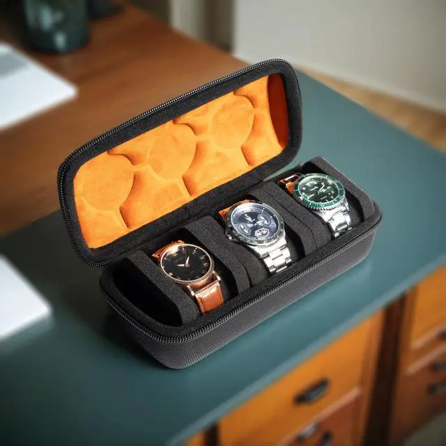 Alt view image 4 of 7 - 3 slots watch case for travel and storage, hard Watch Roll Organizer holder for Men and Women with microfiber lining