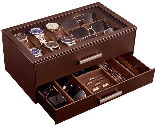Main image of Watch Case, Mens Jewelry Box for 6 Watch & 5 Sunglasses -Brown