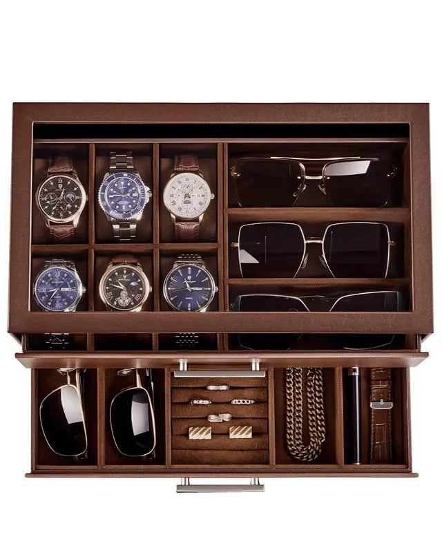 Alt view image 2 of 7 - Watch Case, Mens Jewelry Box for 6 Watch & 5 Sunglasses -Brown
