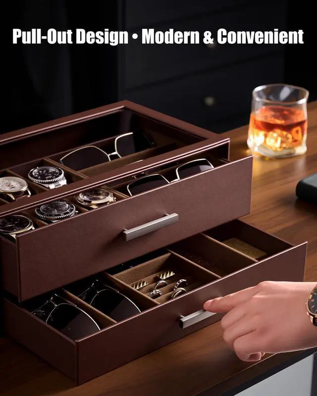 Alt view image 3 of 7 - Watch Case, Mens Jewelry Box for 6 Watch & 5 Sunglasses -Brown