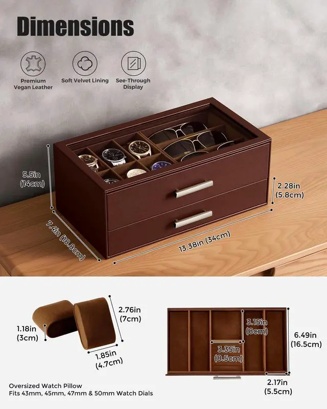 Alt view image 4 of 7 - Watch Case, Mens Jewelry Box for 6 Watch & 5 Sunglasses -Brown