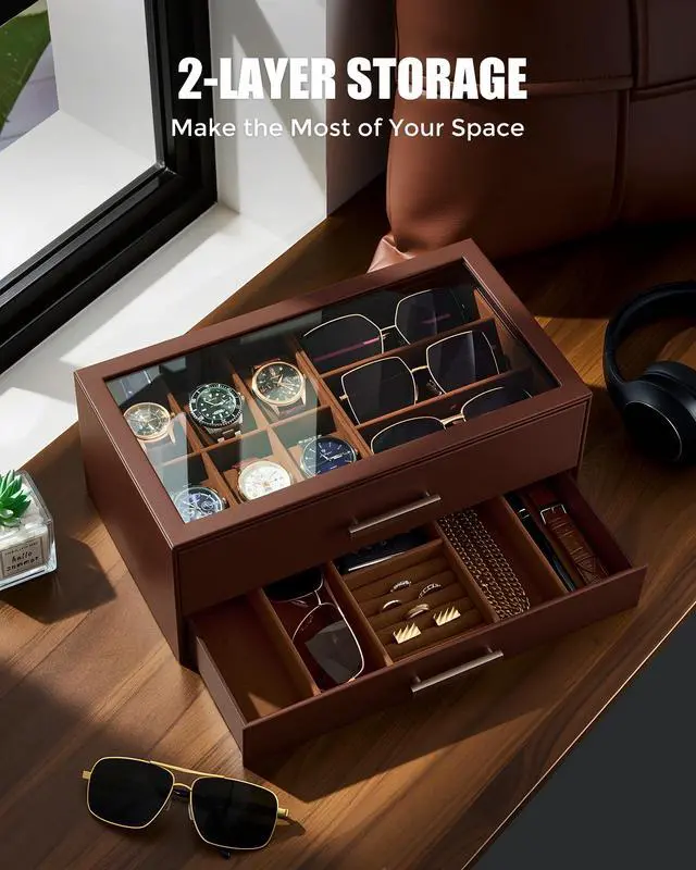Alt view image 5 of 7 - Watch Case, Mens Jewelry Box for 6 Watch & 5 Sunglasses -Brown