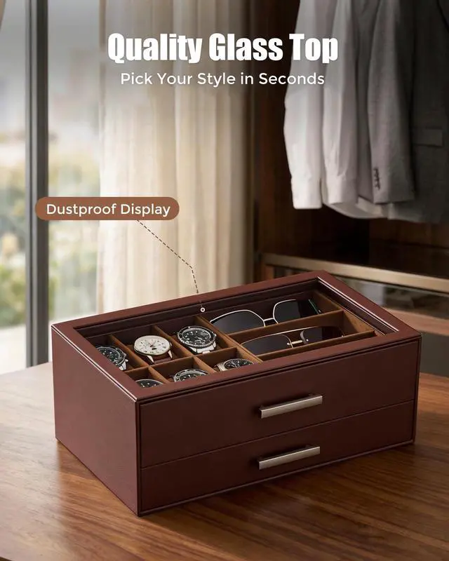 Alt view image 6 of 7 - Watch Case, Mens Jewelry Box for 6 Watch & 5 Sunglasses -Brown