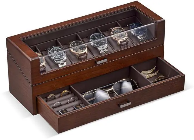 Main image of High End Wooden Watch Box for Men, 2-Layer Wood Watch Display Case Men's Jewelry Organizer Box with Drawer -6 Slot, Walnut