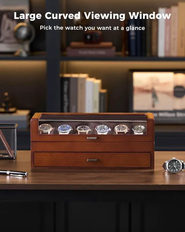 Alt view image 5 of 7 - High End Wooden Watch Box for Men, 2-Layer Wood Watch Display Case Men's Jewelry Organizer Box with Drawer -6 Slot, Walnut