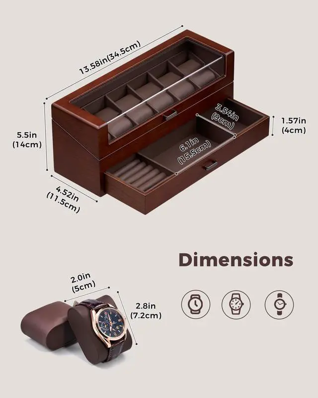 Alt view image 3 of 7 - High End Wooden Watch Box for Men, 2-Layer Wood Watch Display Case Men's Jewelry Organizer Box with Drawer -6 Slot, Walnut