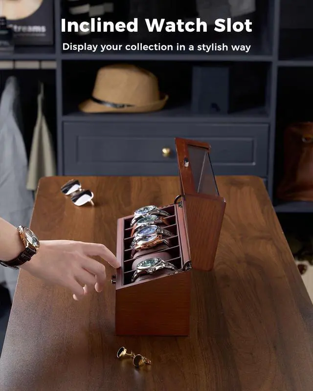 Alt view image 6 of 7 - High End Wooden Watch Box for Men, 2-Layer Wood Watch Display Case Men's Jewelry Organizer Box with Drawer -6 Slot, Walnut