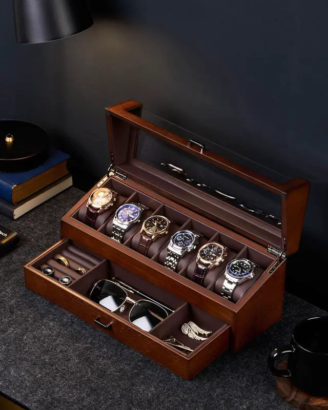Alt view image 4 of 7 - High End Wooden Watch Box for Men, 2-Layer Wood Watch Display Case Men's Jewelry Organizer Box with Drawer -6 Slot, Walnut