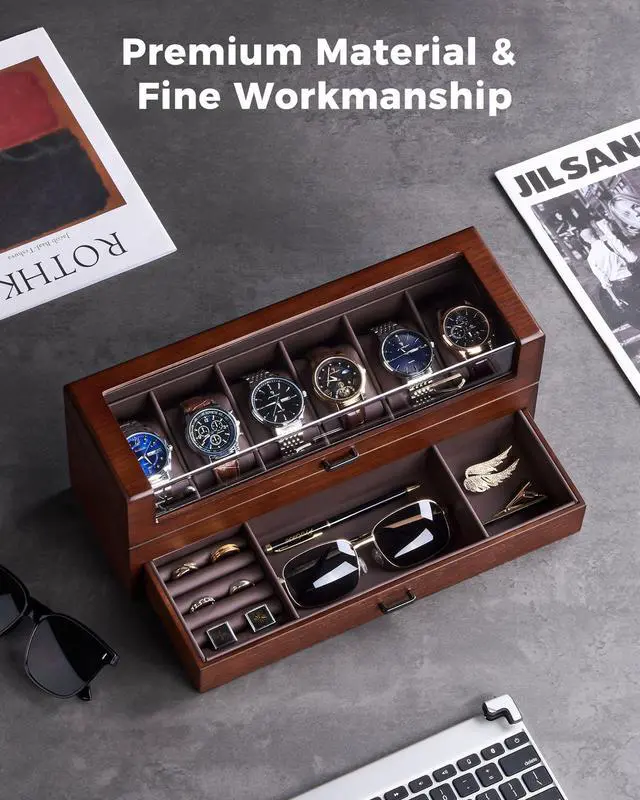 Alt view image 7 of 7 - High End Wooden Watch Box for Men, 2-Layer Wood Watch Display Case Men's Jewelry Organizer Box with Drawer -6 Slot, Walnut