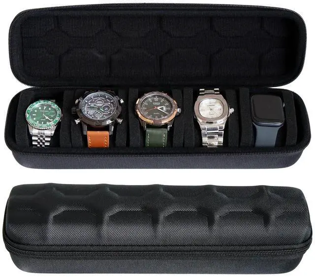 Main image of Hard watch box organizer for men or Women 5 watch travel case Portable Storage watch display holder for Wristwatches and Smart Watches up to 55mm (BLACK 5 SLOT)